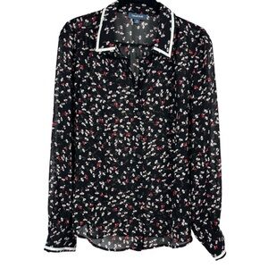Modcloth Button Up Blouse Floral Red Poppy Black Sheer Top Size M